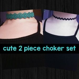 Two choker necklaces Teal eyelet + Black ribbon